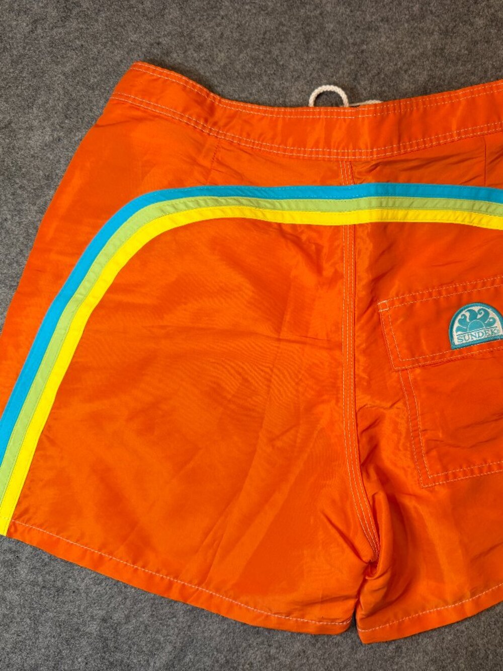 Sundek Men's Board Shorts Size 32 Orange Rainbow Stripe Swim Trunks